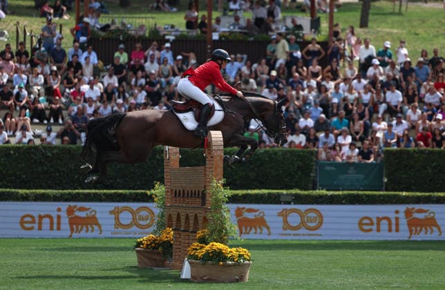 (260530) -- ROME, May 30, 2026 -- Jorne Sprehe of Germany competes during the nations cup event of equestrian at the 2026 CSIO (Official International Show Jumping Competition) of Rome in Piazza di Siena of Rome, Italy, May 29, 2026. ) (SP)ITALY-ROME-EQUESTRIAN-2026 CSIO-NATIONS CUP WangxKaiyan 