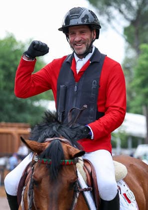 (260530) -- ROME, May 30, 2026 -- Patricio Pasquel of Mexico celebrates after the nations cup event of equestrian at the 2026 CSIO (Official International Show Jumping Competition) of Rome in Piazza di Siena of Rome, Italy, May 29, 2026. ) (SP)ITALY-ROME-EQUESTRIAN-2026 CSIO-NATIONS CUP WangxKaiyan 
