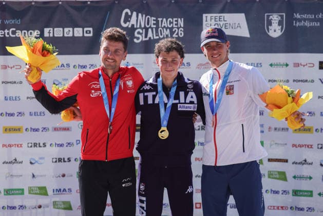 (260530) -- LJUBLJANA, May 30, 2026 -- Gold medalist Xabier Perrazzi (C) of Italy, silver medalist Michal Pasiut (L) of Poland and bronze medalist Jakub Krejci of the Czech Republic pose during the awarding ceremony for the men s kayak event at 2026 ICF Canoe Slalom World Cup Tacen in Ljubljana, Slovenia, May 29, 2026. (Photo by Xinhua) (SP)SLOVENIA-LJUBLJANA-CANOE SLALOM-ICF WORLD CUP TACEN-KAYAK ZeljkoxStevanic 