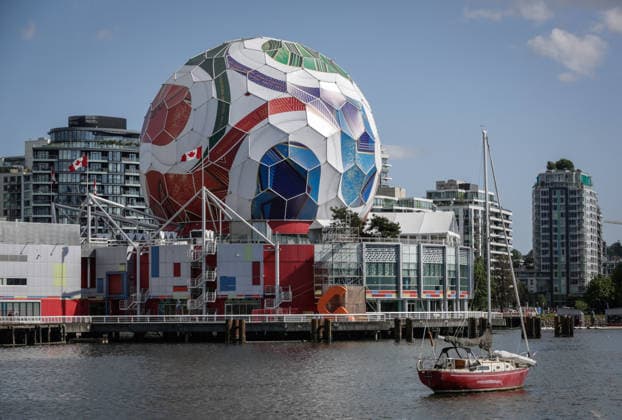 (260530) -- VANCOUVER, May 30, 2026 -- The dome of Science World is seen being transformed into a giant official match ball of the FIFA World Cup, WM, Weltmeisterschaft, Fussball 2026 ahead of the tournament in Vancouver, British Columbia, Canada, on May 29, 2026. (Photo by Xinhua) (SP)CANADA-VANCOUVER-FIFA WORLD CUP 2026 LiangxSen 