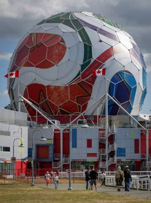 (260530) -- VANCOUVER, May 30, 2026 -- The dome of Science World is seen being transformed into a giant official match ball of the FIFA World Cup, WM, Weltmeisterschaft, Fussball 2026 ahead of the tournament in Vancouver, British Columbia, Canada, on May 29, 2026. (Photo by Xinhua) (SP)CANADA-VANCOUVER-FIFA WORLD CUP 2026 LiangxSen 