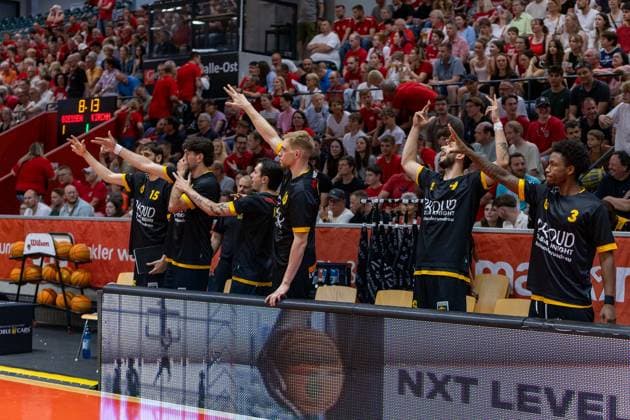 Nil Failenschmid Clavera (Bozic Estriche Knights Kirchheim, 15) Nicholas Gerard Spinoso (Bozic Estriche Knights Kirchheim, 13) Gian Bahattin Aydinoglu (Bozic Estriche Knights Kirchheim, 04) Lukas Werner Zerner (Bozic Estriche Knights Kirchheim, 10) Aeneas Jung (Bozic Estriche Knights Kirchheim, 19) Charles Tyorne Harris Jr. (Bozic Estriche Knights Kirchheim, 03) GER, Giessen46ers vs. Bozic Estriche Knights Kirchheim, BARMER 2. Basketball Bundesliga, Playoffs Halbfinale Spiel 4, Saison 2025 2026, 29.05.2026 GER, Giessen46ers vs. Bozic Estriche Knights Kirchheim, BARMER 2. Basketball Bundesliga, Playoffs Halbfinale Spiel 4, Saison 2025 2026, 29.05.2026 Giessen Copyright: xEibner-Pressefoto NinaxSanderx EP_NSR