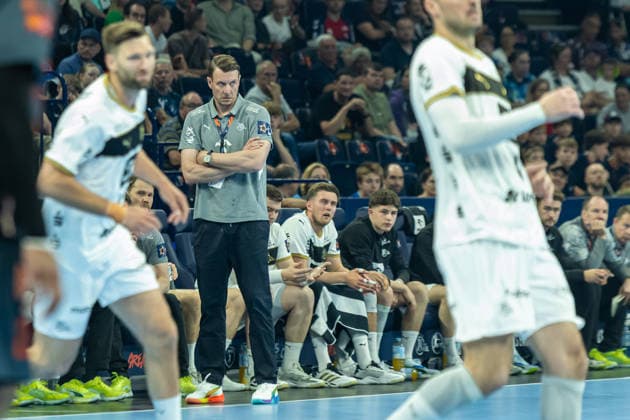 Trainer Filip Jicha (THW Kiel) looks on during the handball semi-final of the the Winamax EHF Finals 2026 between Montpellier Handball and THW Kiel at Barclays Arena on May 30, 2026 in Hamburg, Germany. -