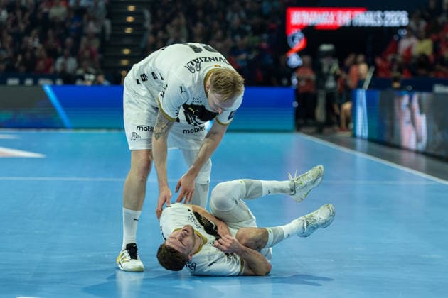 Hendrik Pekeler (THW Kiel) on the ground during the handball semi-final of the the Winamax EHF Finals 2026 between Montpellier Handball and THW Kiel at Barclays Arena on May 30, 2026 in Hamburg, Germany. -