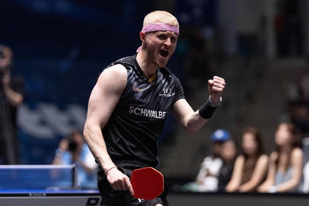 Romain Ruiz (FRA, TTC Schwalbe Bergneustadt) celebrates, in action during the semifinal matches Borussia Düsseldorf TTC Schwalbe of the Liebherr TTBL Final4 at the Süwag Energie ARENA on May 30, 2026, in Frankfurt, Germany Copyright: JoaquimxFerreira