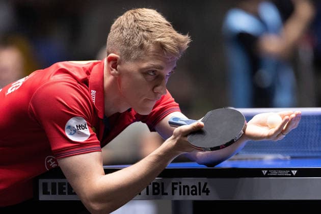 Anton Kaellberg (SWE, Borussia Duesseldorf) serve during the semifinal matches Borussia Düsseldorf TTC Schwalbe of the Liebherr TTBL Final4 at the Süwag Energie ARENA on May 30, 2026, in Frankfurt, Germany Copyright: JoaquimxFerreira