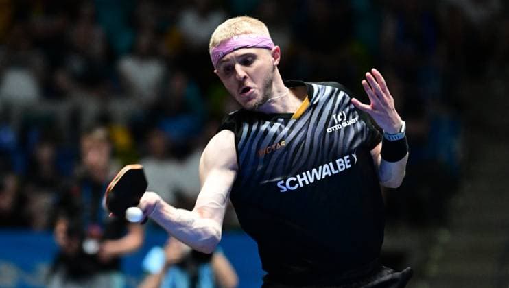 RECORD DATE NOT STATED Roman Ruiz im Halbfinale des TTBL Final Four in Frankfurt. Der französische Nationalspieler Roman Ruiz vom TTC Schwalbe Bergneustadt im Einsatz gegen Borussia Dusseldorf im Halbfinale des TTBL Final Four in Frankfurt am Main in der Süwag Energie Arena am 30. Mai 2026. Frankfurt am Main Hessen Germany