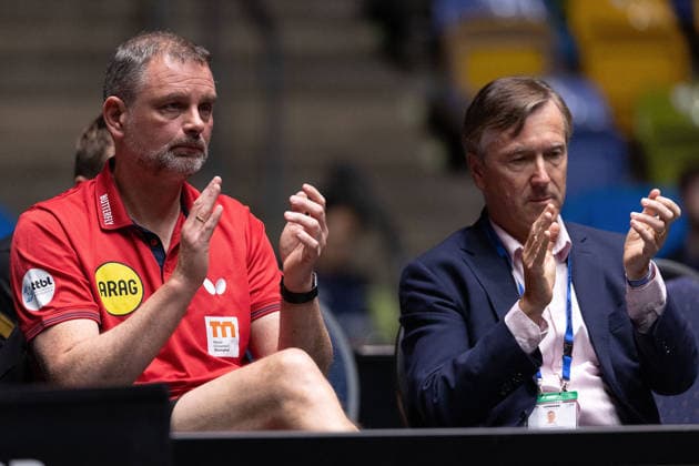 Trainer Danny Heister (NED, Borussia Duesseldorf) and Manager Andreas Preuss during the semifinal matches Borussia Düsseldorf TTC Schwalbe of the Liebherr TTBL Final4 at the Süwag Energie ARENA on May 30, 2026, in Frankfurt, Germany Copyright: JoaquimxFerreira