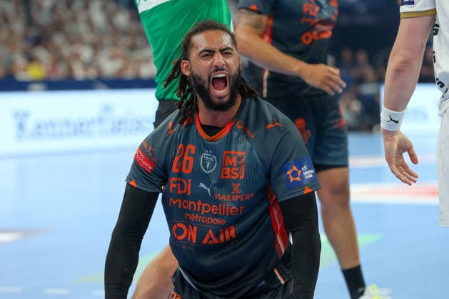 30.05.2026 ,xgox, Handball - EHF European League Halbfinale Montpellier Handball - THW Kiel emspor, v.l. Hugo Bryan Monte Dos Santos (Montepellier, 26) Jubel, Torjubel, jubelt ueber das Tor, celebrate the goal, celebration Hamburg