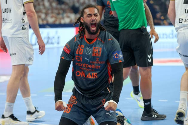 30.05.2026 ,xgox, Handball - EHF European League Halbfinale Montpellier Handball - THW Kiel emspor, v.l. Hugo Bryan Monte Dos Santos (Montepellier, 26) Jubel, Torjubel, jubelt ueber das Tor, celebrate the goal, celebration Hamburg
