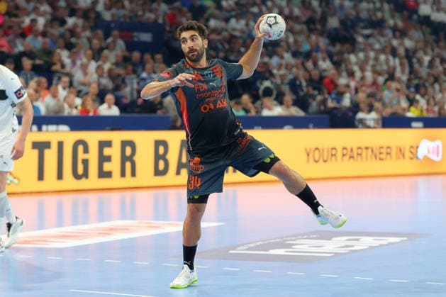 30.05.2026 ,xgox, Handball - EHF European League Halbfinale Montpellier Handball - THW Kiel emspor, v.l. David Balaguer Romeu (Montepellier, 34) beim Siebenmeter Hamburg