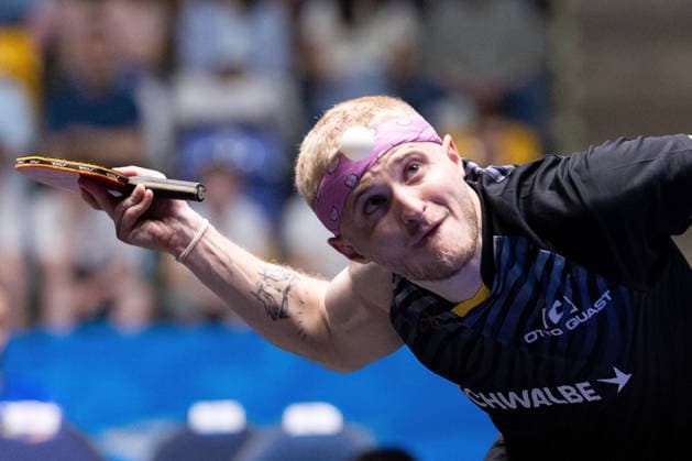 Romain Ruiz (FRA, TTC Schwalbe Bergneustadt) serve during the semifinal matches Borussia Düsseldorf TTC Schwalbe of the Liebherr TTBL Final4 at the Süwag Energie ARENA on May 30, 2026, in Frankfurt, Germany Copyright: JoaquimxFerreira