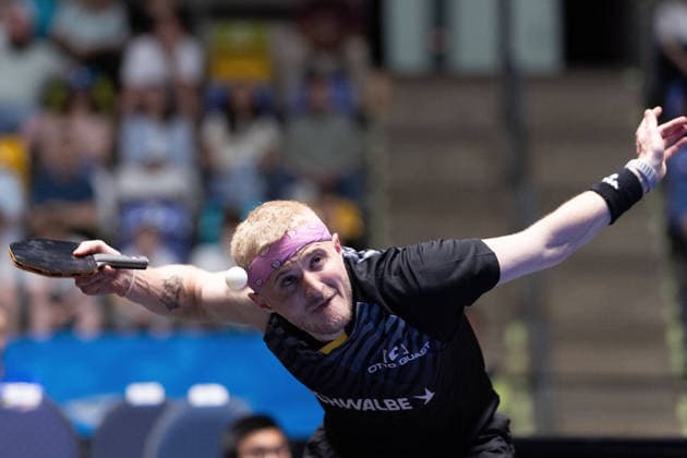 Romain Ruiz (FRA, TTC Schwalbe Bergneustadt) serve during the semifinal matches Borussia Düsseldorf TTC Schwalbe of the Liebherr TTBL Final4 at the Süwag Energie ARENA on May 30, 2026, in Frankfurt, Germany Copyright: JoaquimxFerreira