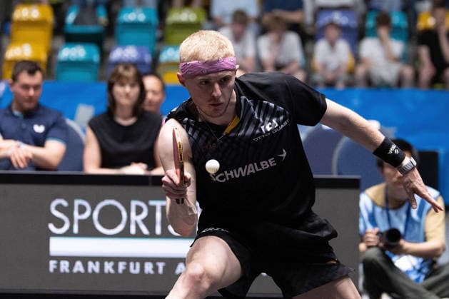 Romain Ruiz (FRA, TTC Schwalbe Bergneustadt) plays a backhand shot during the semifinal matches Borussia Düsseldorf TTC Schwalbe of the Liebherr TTBL Final4 at the Süwag Energie ARENA on May 30, 2026, in Frankfurt, Germany Copyright: JoaquimxFerreira