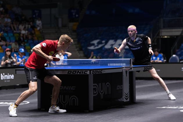 Anton Kaellberg (SWE, Borussia Duesseldorf), Romain Ruiz (FRA, TTC Schwalbe Bergneustadt) during the semifinal matches Borussia Düsseldorf TTC Schwalbe of the Liebherr TTBL Final4 at the Süwag Energie ARENA on May 30, 2026, in Frankfurt, Germany Copyright: JoaquimxFerreira