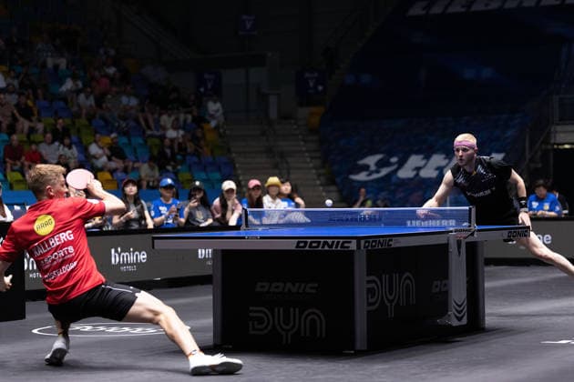 Anton Kaellberg (SWE, Borussia Duesseldorf), Romain Ruiz (FRA, TTC Schwalbe Bergneustadt) during the semifinal matches Borussia Düsseldorf TTC Schwalbe of the Liebherr TTBL Final4 at the Süwag Energie ARENA on May 30, 2026, in Frankfurt, Germany Copyright: JoaquimxFerreira