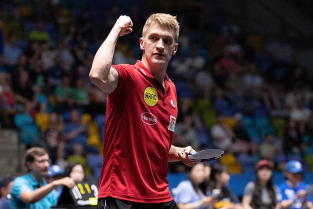 Anton Kaellberg (SWE, Borussia Duesseldorf) celebrates the victory over Romain Ruiz (FRA, TTC Schwalbe Bergneustadt) with a triumphant fist pump during the semifinal matches Borussia Düsseldorf TTC Schwalbe of the Liebherr TTBL Final4 at the Süwag Energie ARENA on May 30, 2026, in Frankfurt, Germany Copyright: JoaquimxFerreira