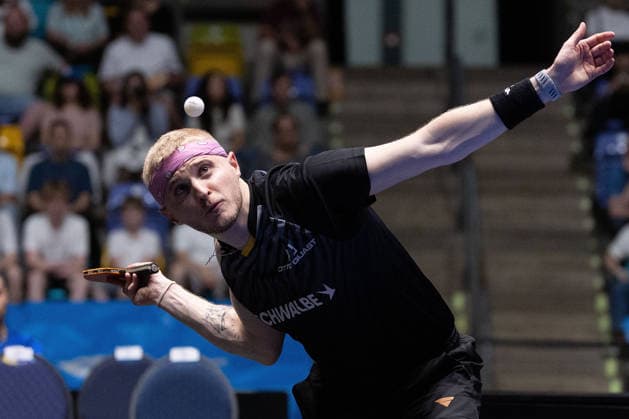Romain Ruiz (FRA, TTC Schwalbe Bergneustadt) serve during the semifinal matches Borussia Düsseldorf TTC Schwalbe of the Liebherr TTBL Final4 at the Süwag Energie ARENA on May 30, 2026, in Frankfurt, Germany Copyright: JoaquimxFerreira