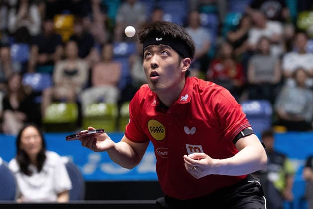 Dang Qiu (GER, Borussia Duesseldorf) serve during the semifinal matches Borussia Düsseldorf TTC Schwalbe of the Liebherr TTBL Final4 at the Süwag Energie ARENA on May 30, 2026, in Frankfurt, Germany Copyright: JoaquimxFerreira
