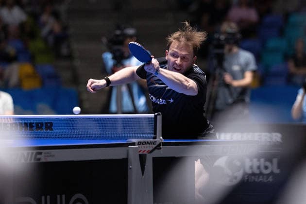 Benedikt Duda (GER, TTC Schwalbe Bergneustadt) hits a forehand during the semifinal matches Borussia Düsseldorf TTC Schwalbe of the Liebherr TTBL Final4 at the Süwag Energie ARENA on May 30, 2026, in Frankfurt, Germany Copyright: JoaquimxFerreira