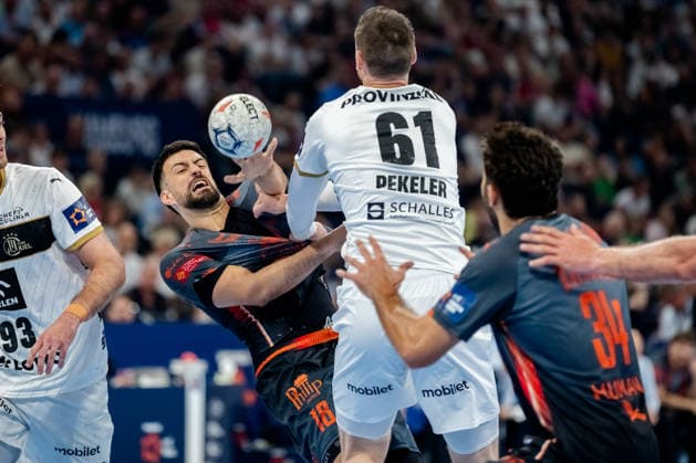 Hamburg 30.05.2026, Handball, Herren, EHF European League Men 2025 26, Halbfinale, Montpellier Handball - THW Kiel Agustin Casado (Montpellier Handball, 18) im Zweikampf mit Hendrik Pekeler (THW Kiel, 61)