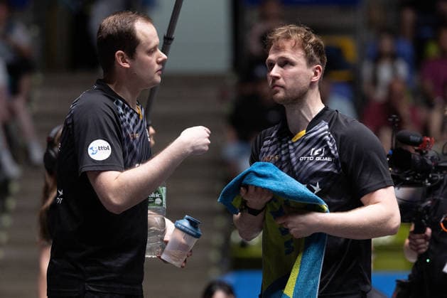 coach Frederik Duda (GER, TTC Schwalbe Bergneustadt) and Benedikt Duda (GER, TTC Schwalbe Bergneustadt) in action during the semifinal matches Borussia Düsseldorf TTC Schwalbe of the Liebherr TTBL Final4 at the Süwag Energie ARENA on May 30, 2026, in Frankfurt, Germany Copyright: JoaquimxFerreira