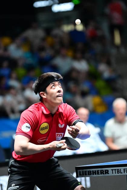 RECORD DATE NOT STATED Dang Qiu im Halbfinale des TTBL Final Four in Frankfurt. Der deutsche Nationalspieler Dang Qiu von Borussia Düsseldorf im Einsatz gegen den TTC Schwalbe Bergneustadt im Halbfinale des TTBL Final Four in Frankfurt am Main in der Süwag Energie Arena am 30. Mai 2026. Frankfurt am Main Hessen Germany