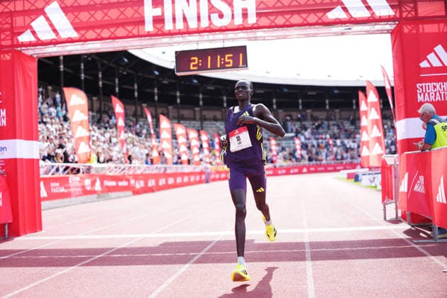 STOCKHOLM, SWEDEN 20260530 Luke Kiprop from Kenya crosses the finish line in second place during the Stockholm marathon on Saturday. STOCKHOLM SWEDEN x10500x