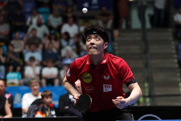 Dang Qiu (GER, Borussia Duesseldorf) serve during the semifinal matches Borussia Düsseldorf TTC Schwalbe of the Liebherr TTBL Final4 at the Süwag Energie ARENA on May 30, 2026, in Frankfurt, Germany Copyright: JoaquimxFerreira