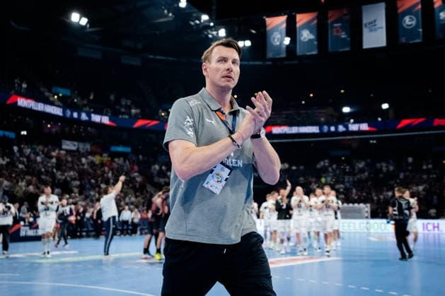 Hamburg 30.05.2026, Handball, Herren, EHF European League Men 2025 26, Halbfinale, Montpellier Handball - THW Kiel Filip Jicha (Trainer THW Kiel) jubelt nachdem Spiel Richtung Fans