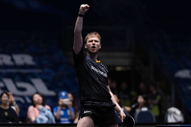 Benedikt Duda (GER, TTC Schwalbe Bergneustadt) in action, celebrates his victory over Dang Qiu (GER, Borussia Duesseldorf) during the semifinal matches Borussia Düsseldorf TTC Schwalbe of the Liebherr TTBL Final4 at the Süwag Energie ARENA on May 30, 2026, in Frankfurt, Germany Copyright: JoaquimxFerreira