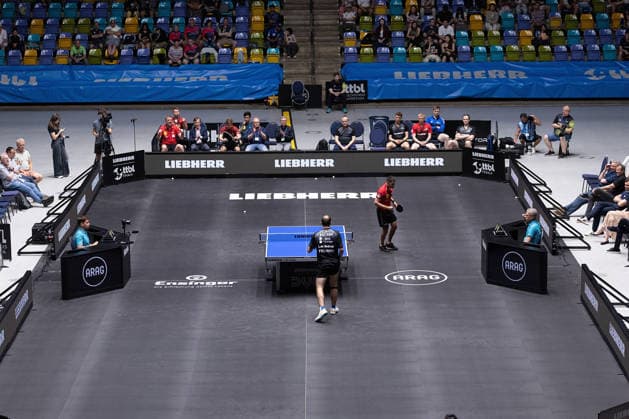 Kanak Jha (GER,USA Borussia Duesseldorf), Leo de Nodrest (FRA, TTC Schwalbe Bergneustadt) in action during the semifinal matches Borussia Düsseldorf TTC Schwalbe of the Liebherr TTBL Final4 at the Süwag Energie ARENA on May 30, 2026, in Frankfurt, Germany Copyright: JoaquimxFerreira