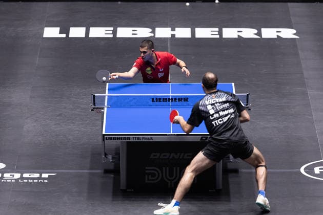 Kanak Jha (GER,USA Borussia Duesseldorf), Leo de Nodrest (FRA, TTC Schwalbe Bergneustadt) in action during the semifinal matches Borussia Düsseldorf TTC Schwalbe of the Liebherr TTBL Final4 at the Süwag Energie ARENA on May 30, 2026, in Frankfurt, Germany Copyright: JoaquimxFerreira