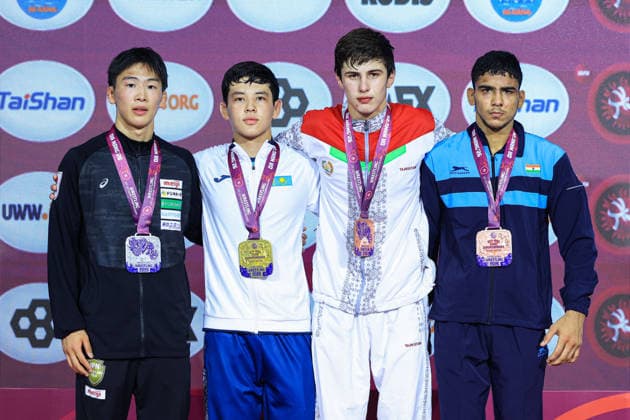 U17, U 17 Wrestling Asian Championships Podium 71kg FS - Gold: Adilet Rysbay (KAZ), Silver: Towa Doi (JPN), Bronze: Anuj Anuj (IND), Idris Shodievich Bakhromov (TJK)