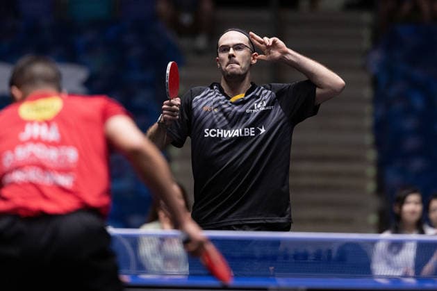 Leo de Nodrest (FRA, TTC Schwalbe Bergneustadt) celebrates his victory over Kanak Jha (GER,USA Borussia Duesseldorf) during the semifinal matches Borussia Düsseldorf TTC Schwalbe of the Liebherr TTBL Final4 at the Süwag Energie ARENA on May 30, 2026, in Frankfurt, Germany Copyright: JoaquimxFerreira