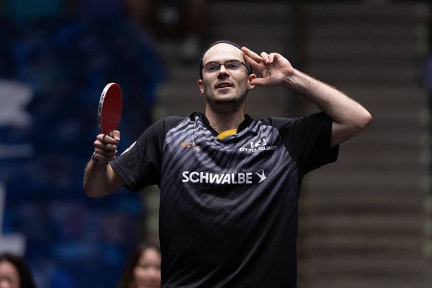 Leo de Nodrest (FRA, TTC Schwalbe Bergneustadt) celebrates his victory over Kanak Jha (GER,USA Borussia Duesseldorf) during the semifinal matches Borussia Düsseldorf TTC Schwalbe of the Liebherr TTBL Final4 at the Süwag Energie ARENA on May 30, 2026, in Frankfurt, Germany Copyright: JoaquimxFerreira