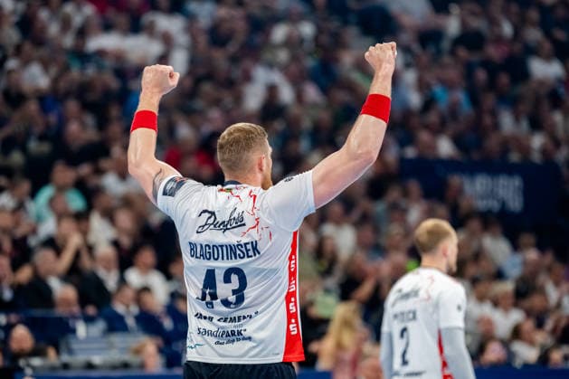 Hamburg 30.05.2026, Handball, Herren, EHF European League Men 2025 26, Halbfinale, MT Melsungen - SG Flensburg-Handewitt Blaz Blagotinsek (SG Flensburg-Handewitt, 43) jubelt