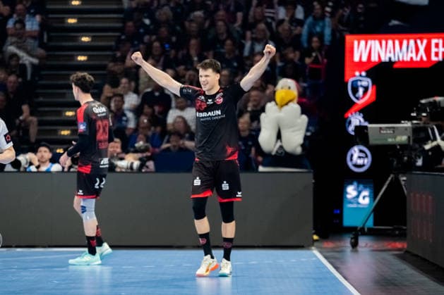 Hamburg 30.05.2026, Handball, Herren, EHF European League Men 2025 26, Halbfinale, MT Melsungen - SG Flensburg-Handewitt Aaron Mensing (MT Melsungen, 33) jubelt nach einer Parade