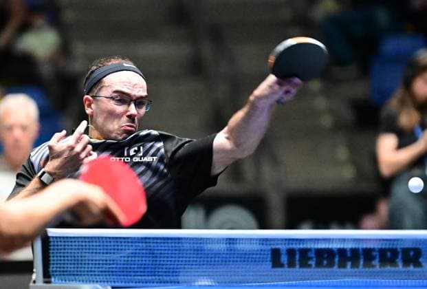 RECORD DATE NOT STATED Leo de Nodrest im Halbfinale des TTBL Final Four in Frankfurt. Der französische Nationalspieler Leo de Nodrest vom TTC Schwalbe Bergneustadt erfolgreich im Einsatz gegen Borussia Dusseldorf im Halbfinale des TTBL Final Four in Frankfurt am Main in der Süwag Energie Arena am 30. Mai 2026. Frankfurt am Main Hessen Germany