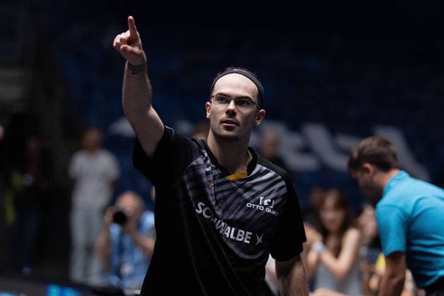 Leo de Nodrest (FRA, TTC Schwalbe Bergneustadt) celebrates his victory over Kanak Jha (GER,USA Borussia Duesseldorf) during the semifinal matches Borussia Düsseldorf TTC Schwalbe of the Liebherr TTBL Final4 at the Süwag Energie ARENA on May 30, 2026, in Frankfurt, Germany Copyright: JoaquimxFerreira