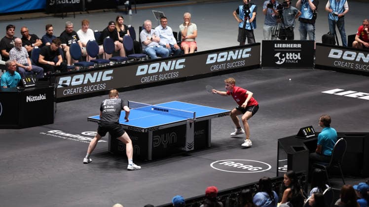 30.05.2026, xrekx, Tischtennis TTBL Final 4, Borussia Düsseldorf - TTC Schwalbe Bergneustadt v.l. Spiel 4 Benedikt Duda (TTC Schwalbe Bergneustadt) Anton Källberg Kaellberg (Borussia Duesseldorf) (DFL DFB REGULATIONS PROHIBIT ANY USE OF PHOTOGRAPHS as IMAGE SEQUENCES and or QUASI-VIDEO) Frankfurt am Main