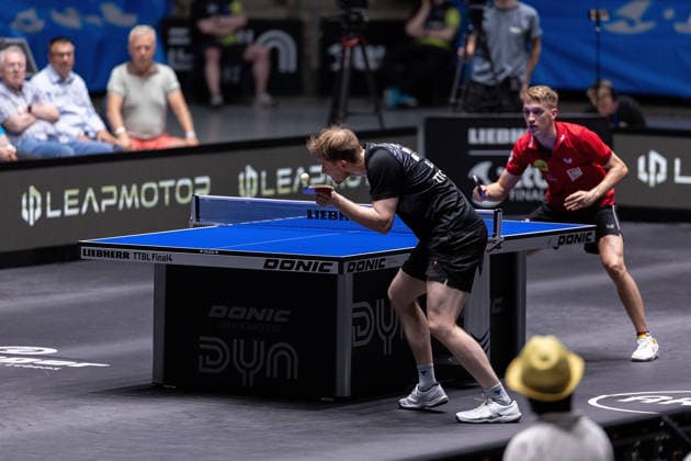 Benedikt Duda (GER, TTC Schwalbe Bergneustadt) and Anton Kaellberg (SWE, Borussia Duesseldorf) during the semifinal matches Borussia Düsseldorf TTC Schwalbe of the Liebherr TTBL Final4 at the Süwag Energie ARENA on May 30, 2026, in Frankfurt, Germany Copyright: JoaquimxFerreira