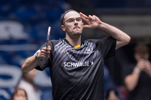 Borussia Düsseldorf und TTC Schwalbe Bergneustadt, Liebherr TTBL-Halbfinalspiel 2026 Leo de Nodrest (TTC Schwalbe Bergneustadt) nach seinem Sieg gegen Kanak Jha (Borussia Düsseldorf). Liebherr TTBL Final4 2026, erstes Halbfinale zwischen Borussia Düsseldorf und TTC Schwalbe Bergneustadt am 30. Mai 2026 in der Süwag Energie ARENA in Frankfurt am Main., Frankfurt am Main Hessen Deutschland Süwag Energie ARENA