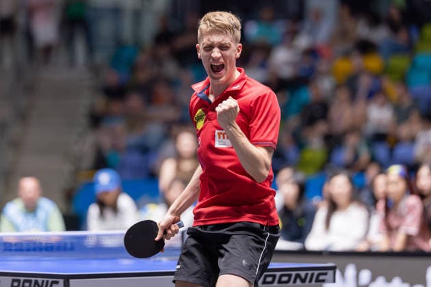 Borussia Düsseldorf und TTC Schwalbe Bergneustadt, Liebherr TTBL-Halbfinalspiel 2026 Anton Källberg (Borussia Düsseldorf). Liebherr TTBL Final4 2026, erstes Halbfinale zwischen Borussia Düsseldorf und TTC Schwalbe Bergneustadt am 30. Mai 2026 in der Süwag Energie ARENA in Frankfurt am Main., Frankfurt am Main Hessen Deutschland Süwag Energie ARENA