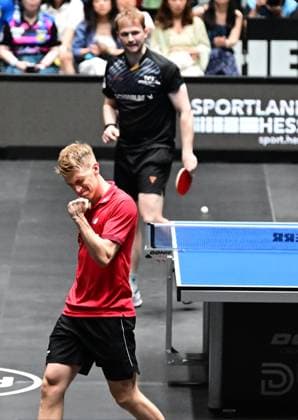 RECORD DATE NOT STATED Anton Kallberg im Halbfinale des TTBL Final Four in Frankfurt. Der Schwede Anton Kallberg von Borussia Düsseldorf erfolgreich im Einsatz gegen Benedikt Duda vom TTC Schwalbe Bergneustadt im Halbfinale des TTBL Final Four in Frankfurt am Main in der Süwag Energie Arena am 30. Mai 2026. Kallberg gleicht zum 2:2 aus. Frankfurt am Main Hessen Germany