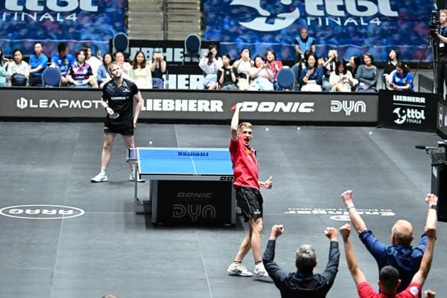 RECORD DATE NOT STATED Anton Kallberg im Halbfinale des TTBL Final Four in Frankfurt. Der Schwede Anton Kallberg von Borussia Düsseldorf erfolgreich im Einsatz gegen Benedikt Duda vom TTC Schwalbe Bergneustadt im Halbfinale des TTBL Final Four in Frankfurt am Main in der Süwag Energie Arena am 30. Mai 2026. Kallberg gleicht zum 2:2 aus. Frankfurt am Main Hessen Germany