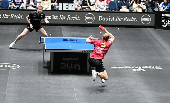 RECORD DATE NOT STATED Anton Kallberg im Halbfinale des TTBL Final Four in Frankfurt. Der Schwede Anton Kallberg von Borussia Düsseldorf erfolgreich im Einsatz gegen Benedikt Duda vom TTC Schwalbe Bergneustadt im Halbfinale des TTBL Final Four in Frankfurt am Main in der Süwag Energie Arena am 30. Mai 2026. Kallberg gleicht zum 2:2 aus. Frankfurt am Main Hessen Germany