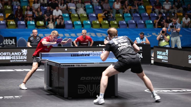 30.05.2026, xrekx, Tischtennis TTBL Final 4, Borussia Düsseldorf - TTC Schwalbe Bergneustadt v.l. Anton Källberg Kaellberg (Borussia Duesseldorf) Benedikt Duda (TTC Schwalbe Bergneustadt) (DFL DFB REGULATIONS PROHIBIT ANY USE OF PHOTOGRAPHS as IMAGE SEQUENCES and or QUASI-VIDEO) Frankfurt am Main