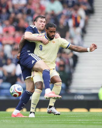 RECORD DATE NOT STATED 30th May 2026; Hampden Park, Glasgow, Scotland; Friendly International Football, Scotland versus Curacao; John Souttar of Scotland challenges for the ball with Jurgen Locadia of Curacao DavidxYoung