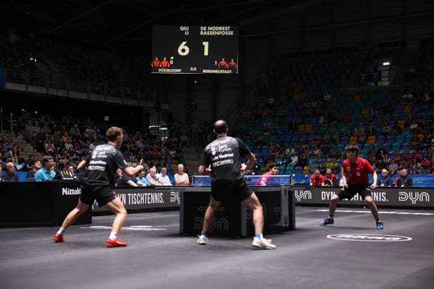 Adrien Rassenfosse (BEL, TTC Schwalbe Bergneustadt), Leo de Nodrest (FRA, TTC Schwalbe Bergneustadt), Yongyin Li (CHN,Borussia Duesseldorf) and Dang Qiu (GER, Borussia Duesseldorf) during the semifinal matches Borussia Düsseldorf TTC Schwalbe of the Liebherr TTBL Final4 at the Süwag Energie ARENA on May 30, 2026, in Frankfurt, Germany Copyright: JoaquimxFerreira